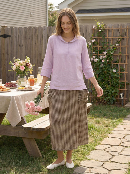 100% Linen Shawl V-Neck Half Sleeve Top JADE by LINTICO
