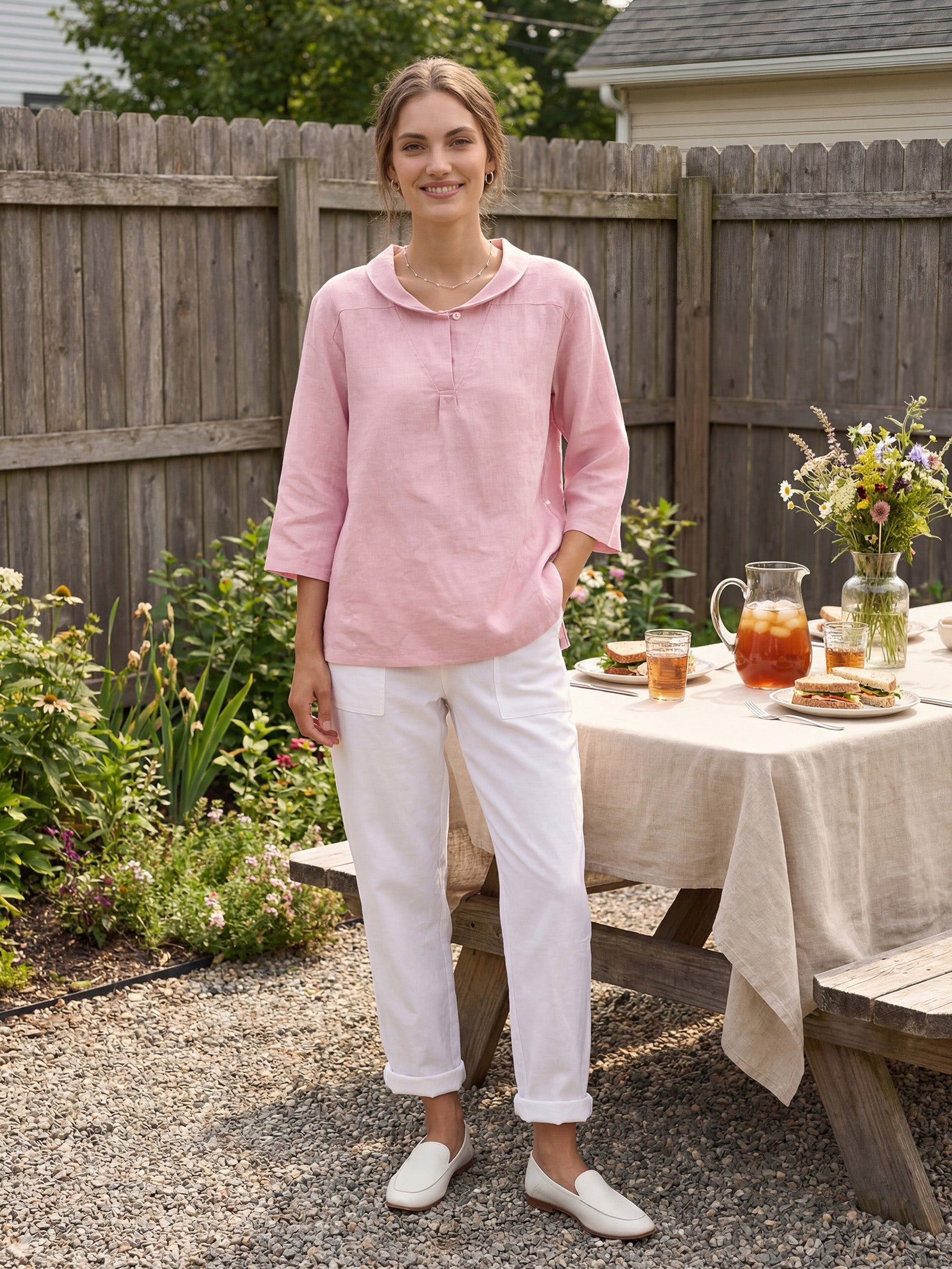 100% Linen Shawl V-Neck Half Sleeve Top JADE by LINTICO