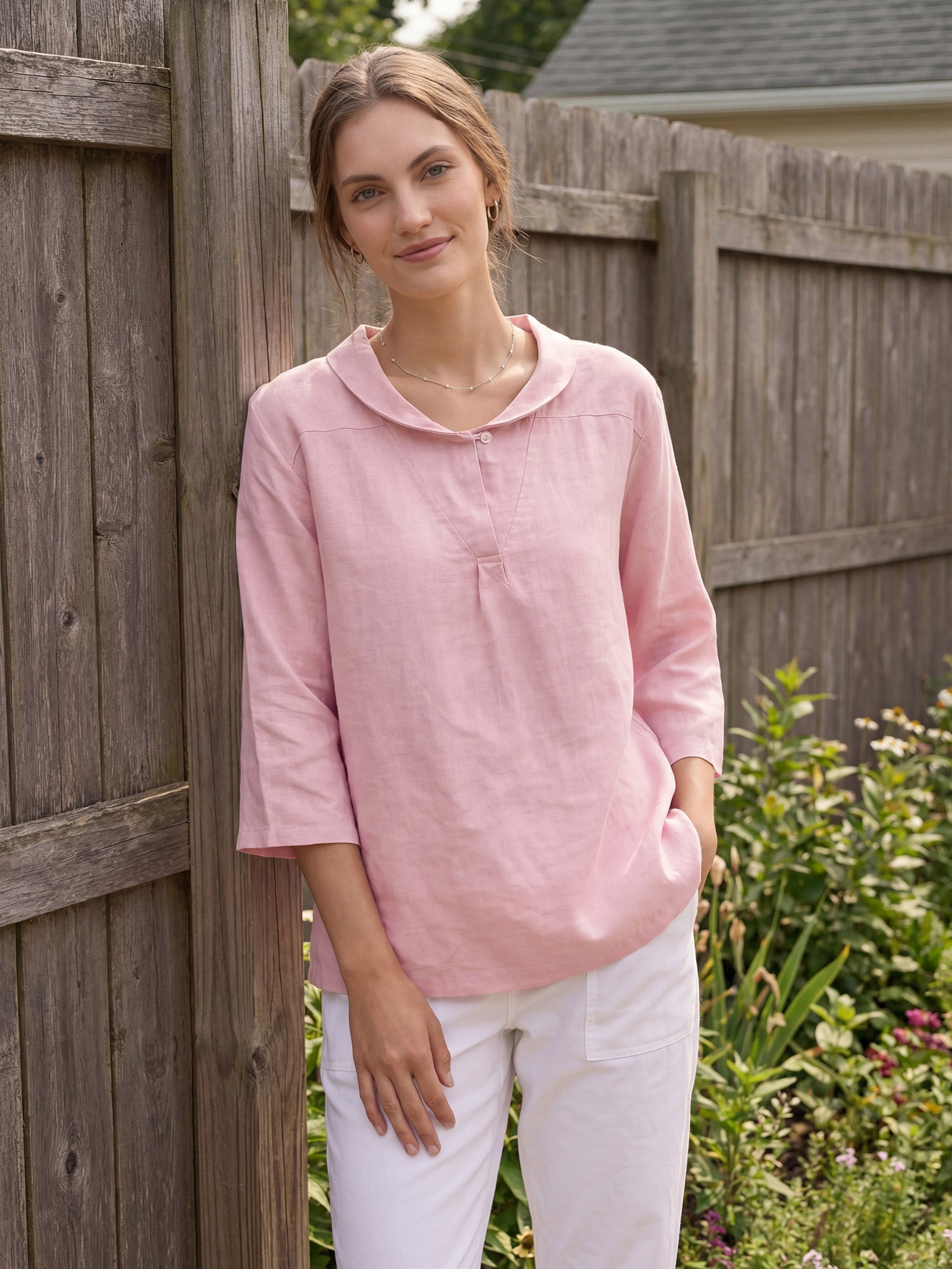 100% Linen Shawl V-Neck Half Sleeve Top JADE by LINTICO