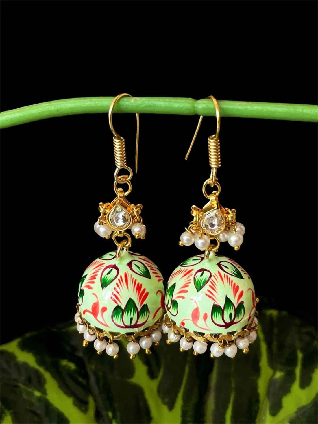 Joban Fashion Green Brass Meenakai Hand Painted Jhumka With Pachi Kundan Earring