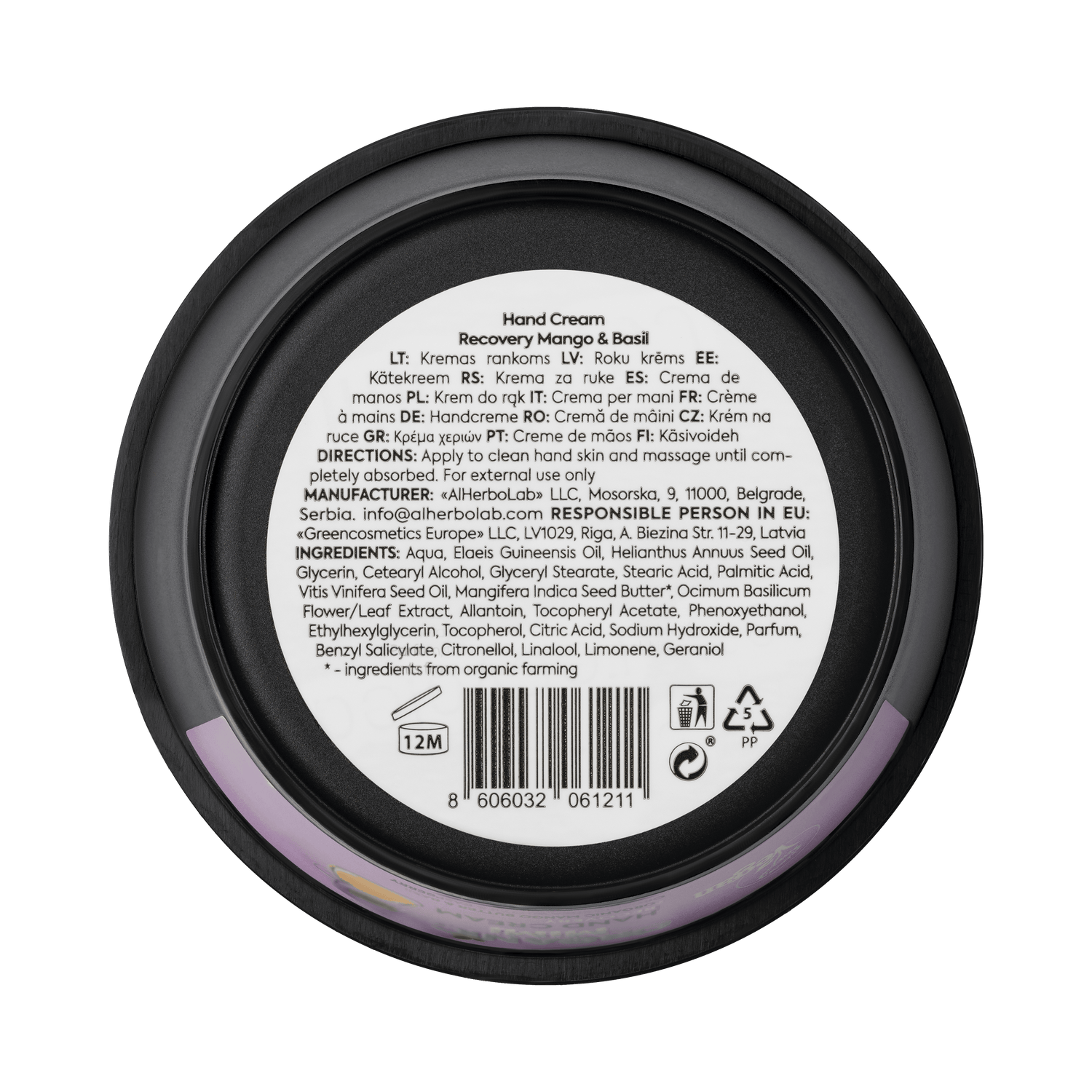 Organic Mimi, Hand Cream Recovery Mango &amp; Basil, 50 ml by Damask Rose