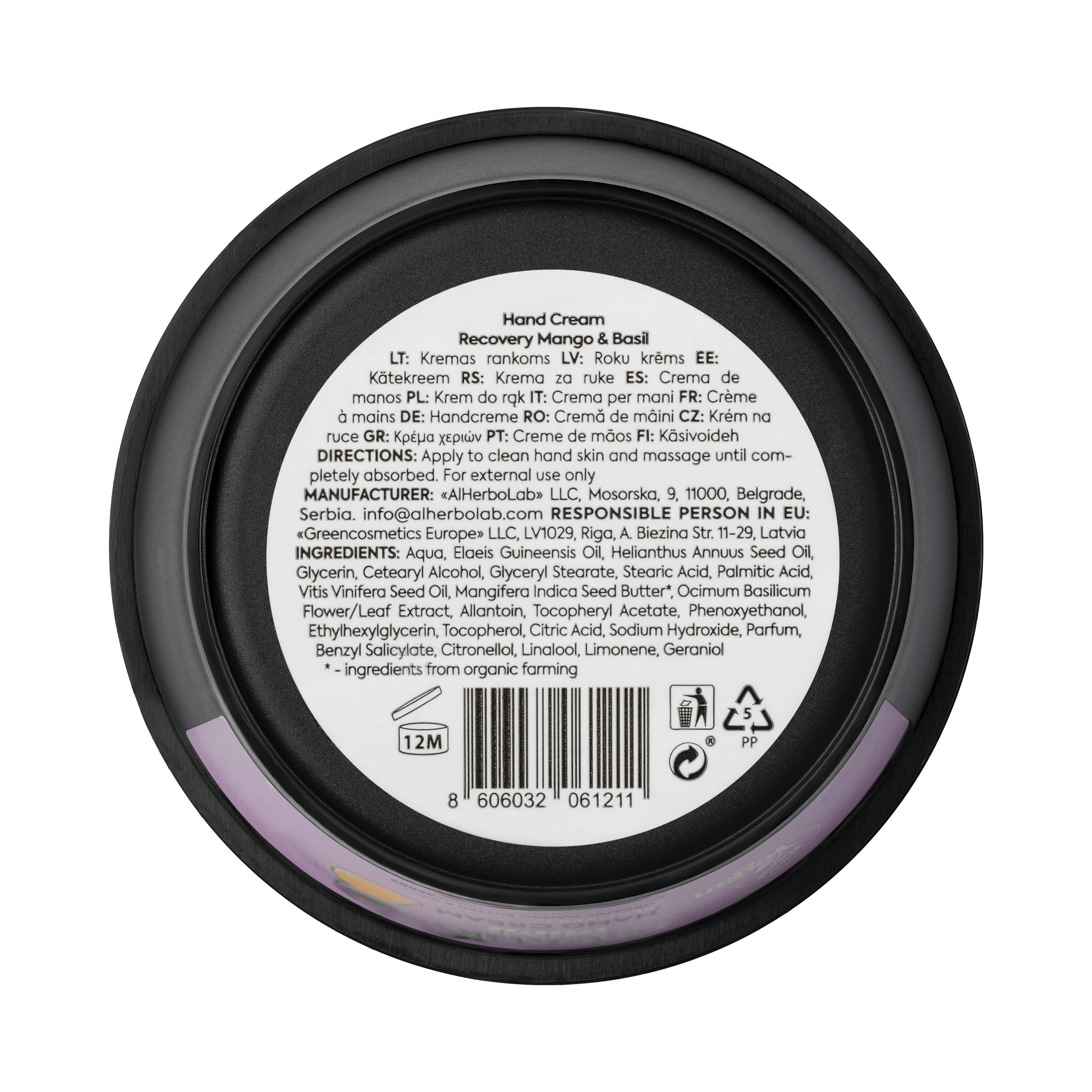 Organic Mimi, Hand Cream Recovery Mango &amp; Basil, 50 ml by Damask Rose