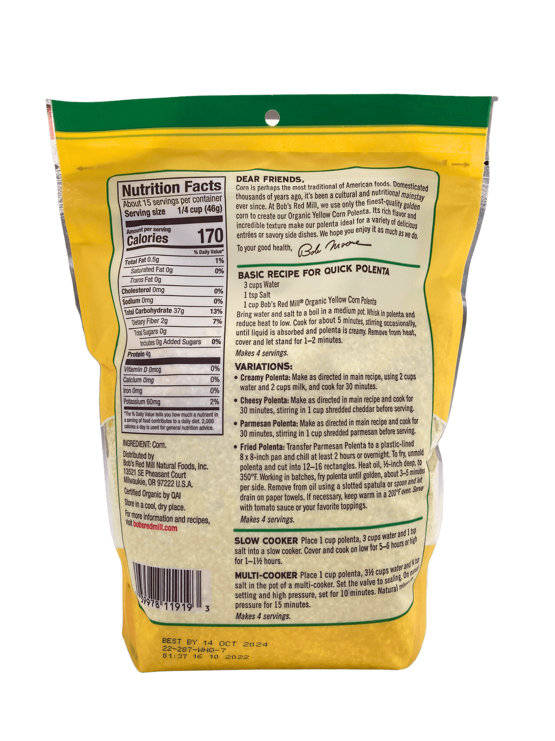 Corn Grits, Yellow, Organic, Polenta, Bob&