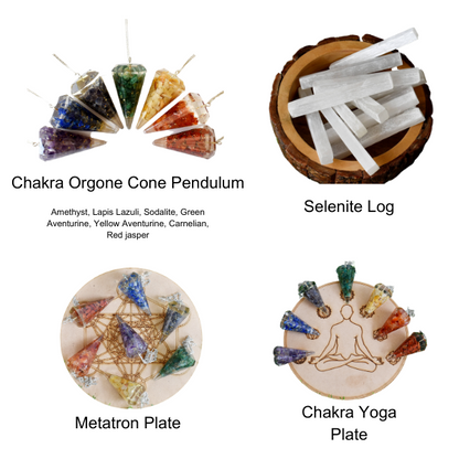 Chakra Crystals Orgone Pendulums Set, with Wooden Grid Plate, Selenite Log  DestGlow