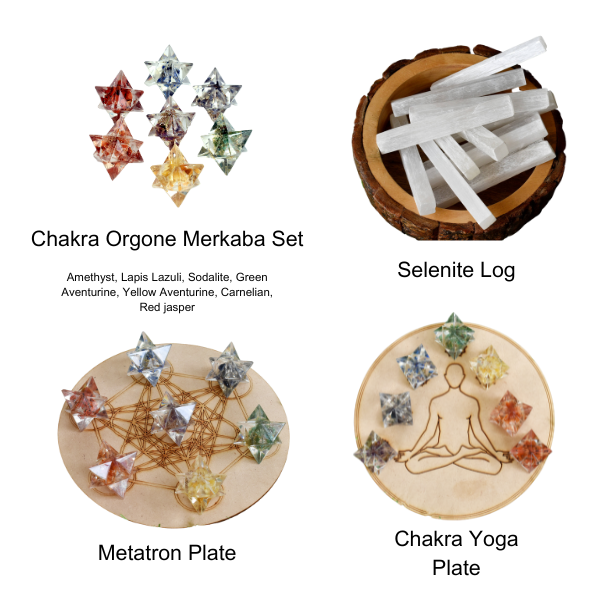 7 Chakra Orgone Merkaba Set,  Chakra Crystals Set with Wooden Grid Plate, Selenite Log  DestGlow