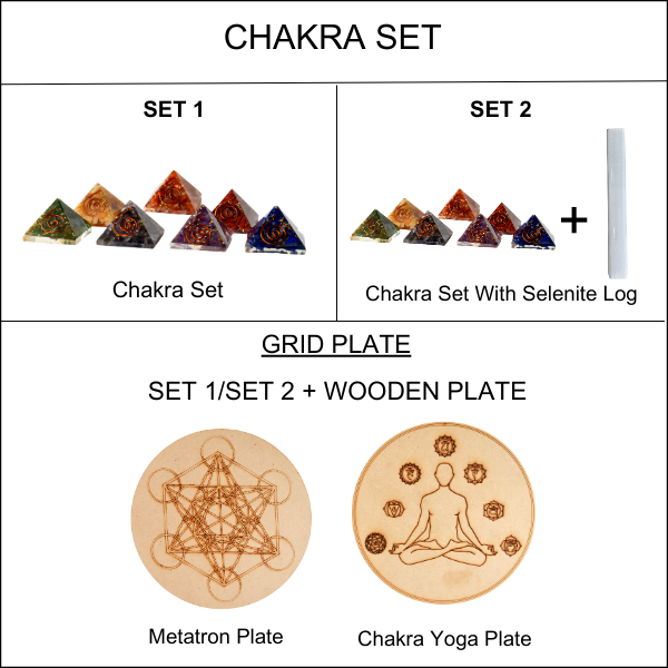 Chakra Crystals Orgone Pyramids Set, Wooden Grid Plate, Selenite Log  DestGlow