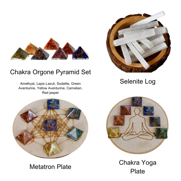 Chakra Crystals Orgone Pyramids Set, Wooden Grid Plate, Selenite Log  DestGlow