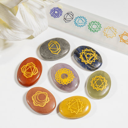 Chakra Crystals Set, Oval Reiki 7 Chakra Stones Set, Wooden Grid Plate, Selenite Log  DestGlow
