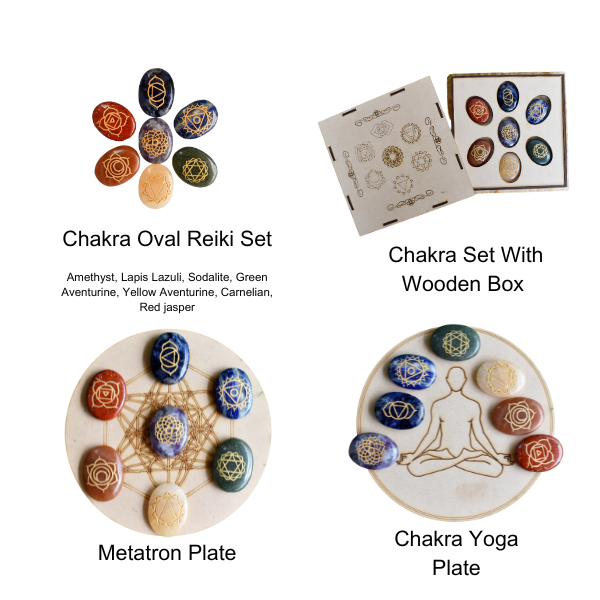 Chakra Crystals Set, Oval Reiki 7 Chakra Stones Set, Wooden Grid Plate, Selenite Log  DestGlow