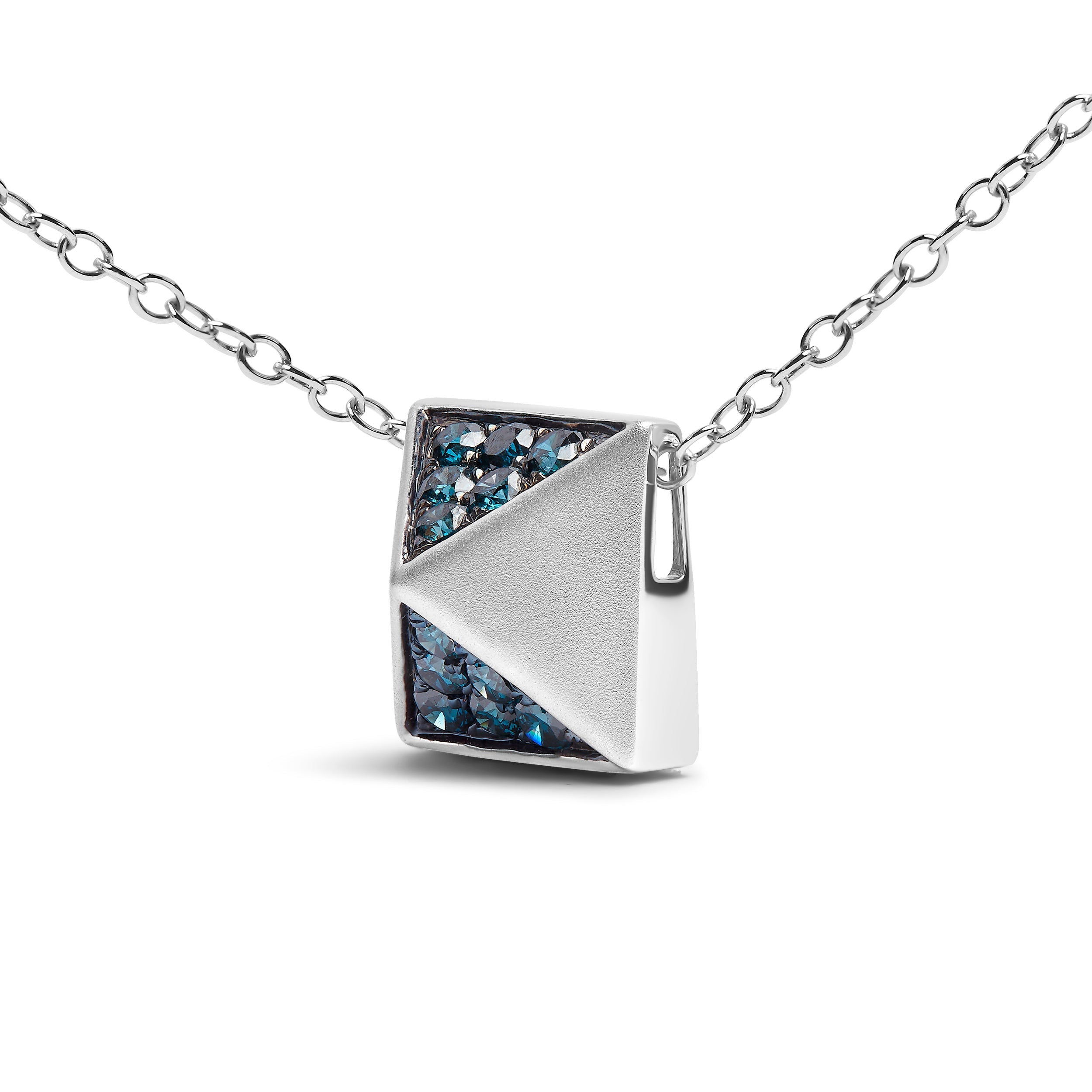 14K White Gold 1/4 Cttw Treated Blue Diamond Matte Finished Pyramid Pendant Necklace (Blue Color, SI1-SI2 Clarity) - 18" Inches by Bids.com