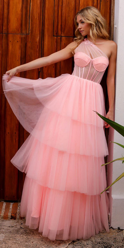 Nox Anabel P1400 Long Tiered Tulle Skirt Corset A-Line Ball Gown by DiscountDressShop