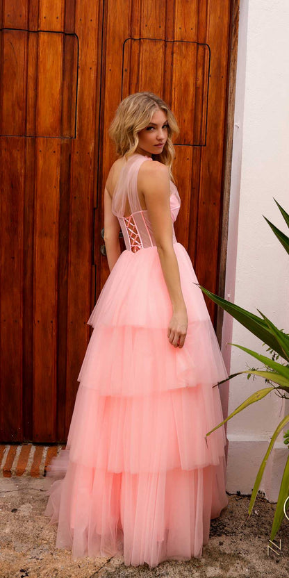 Nox Anabel P1400 Long Tiered Tulle Skirt Corset A-Line Ball Gown by DiscountDressShop