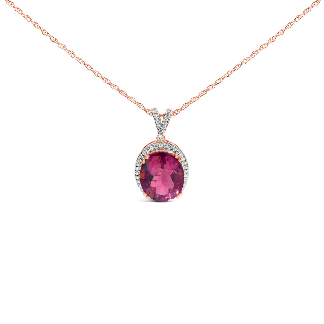 14K Rose Gold Vermeil Sterling Silver 1/5 Cttw Diamond Pink Quartz Oval Pendant Necklace by Bids.com