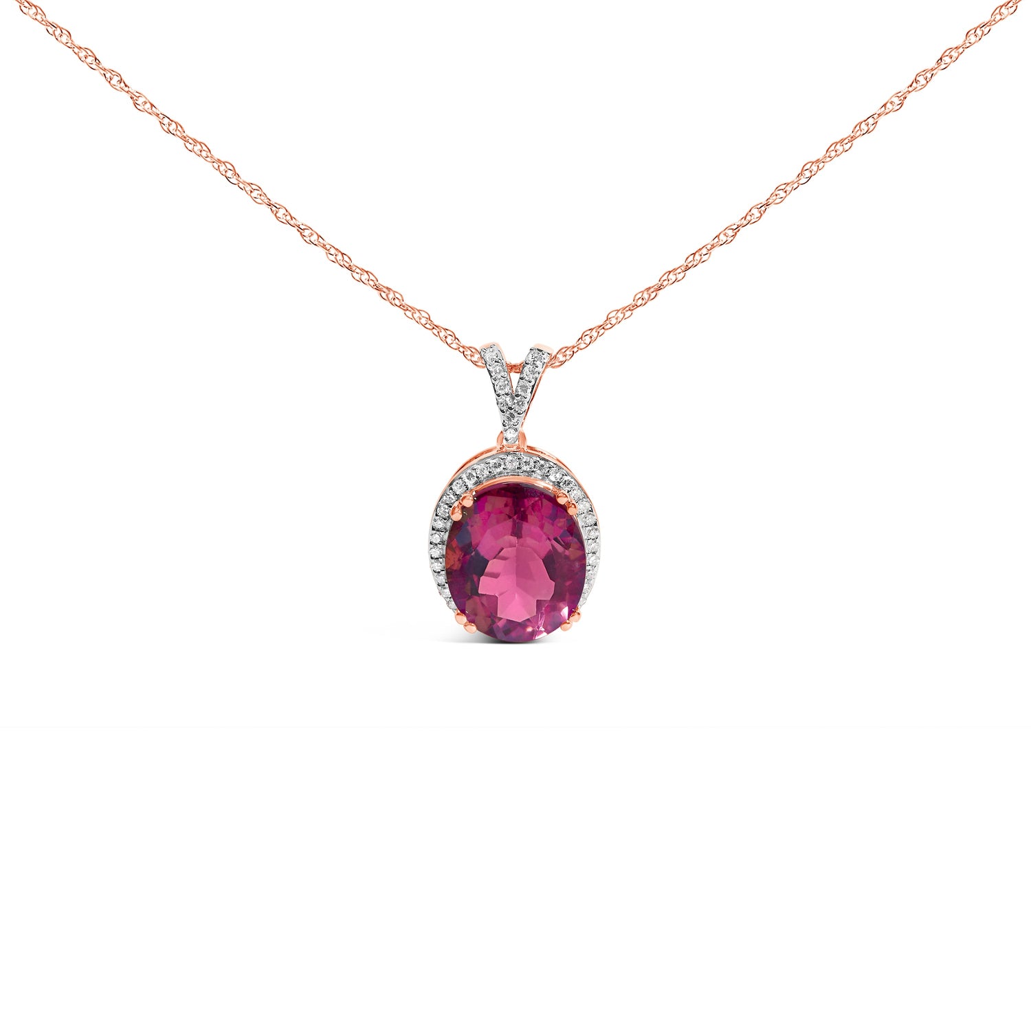 14K Rose Gold Vermeil Sterling Silver 1/5 Cttw Diamond Pink Quartz Oval Pendant Necklace by Bids.com