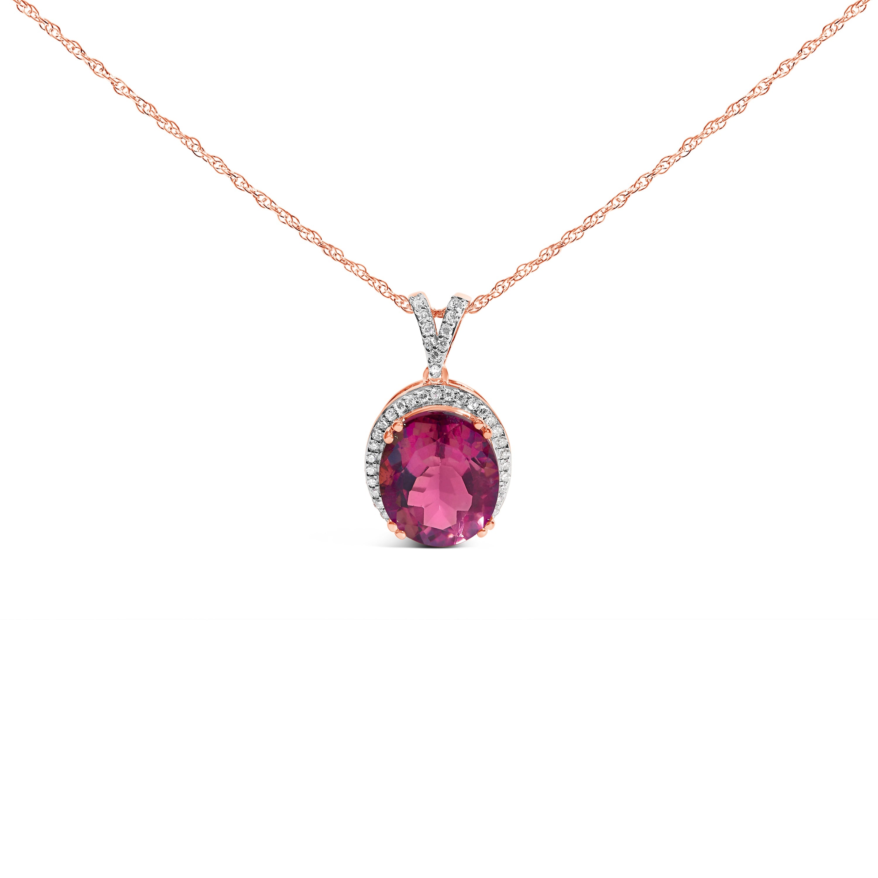14K Rose Gold Vermeil Sterling Silver 1/5 Cttw Diamond Pink Quartz Oval Pendant Necklace by Bids.com