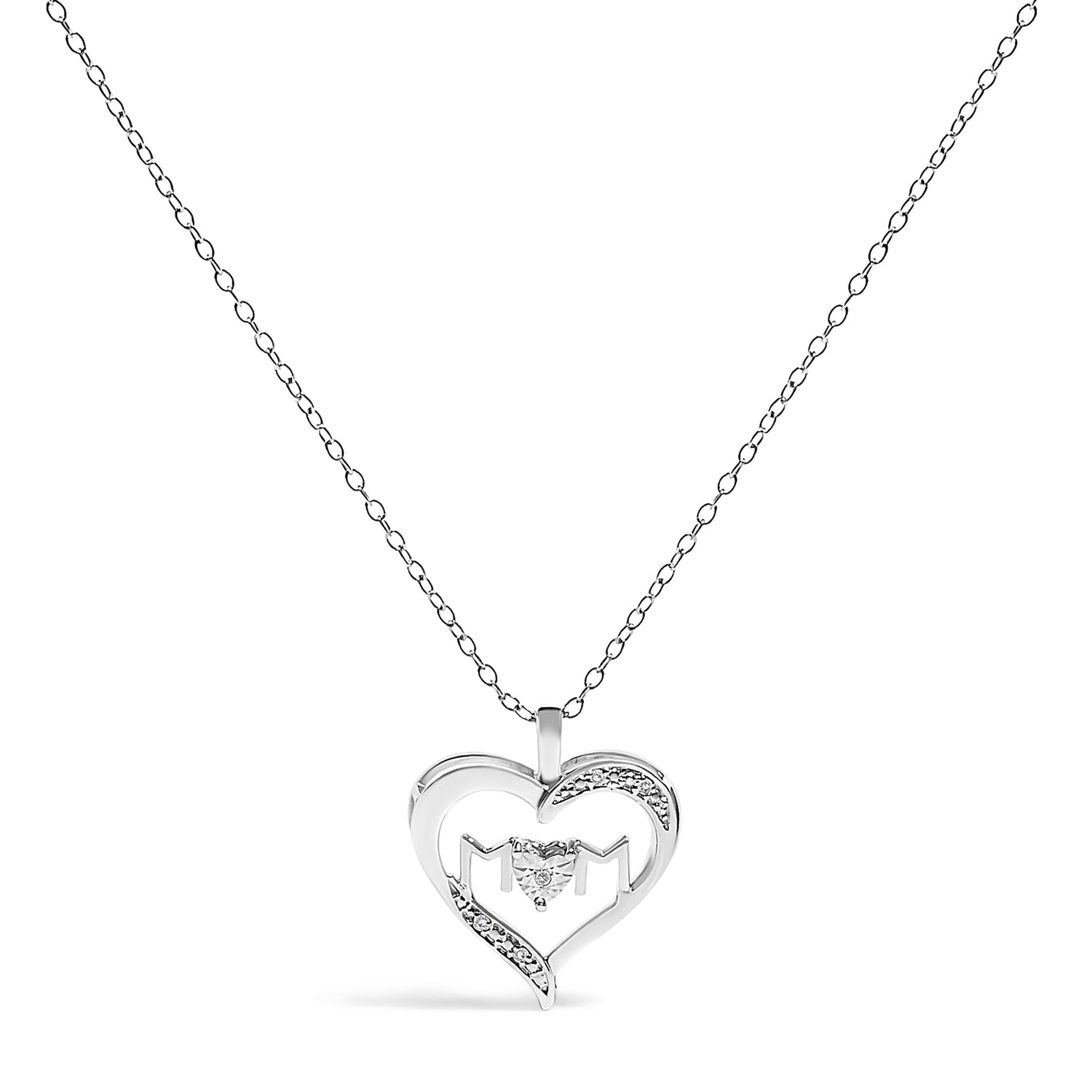.925 Sterling Silver Diamond Accent MOM with Heart Pendant Necklace (J-K Color, I2-I3 Clarity) - 18" Inches  DestGlow
