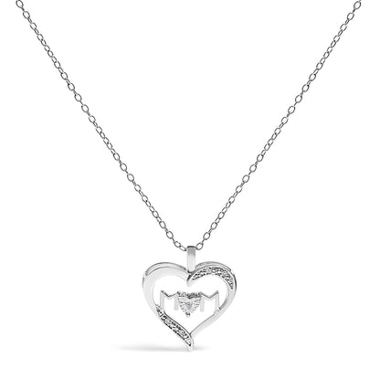 .925 Sterling Silver Diamond Accent MOM with Heart Pendant Necklace (J-K Color, I2-I3 Clarity) - 18" Inches  DestGlow