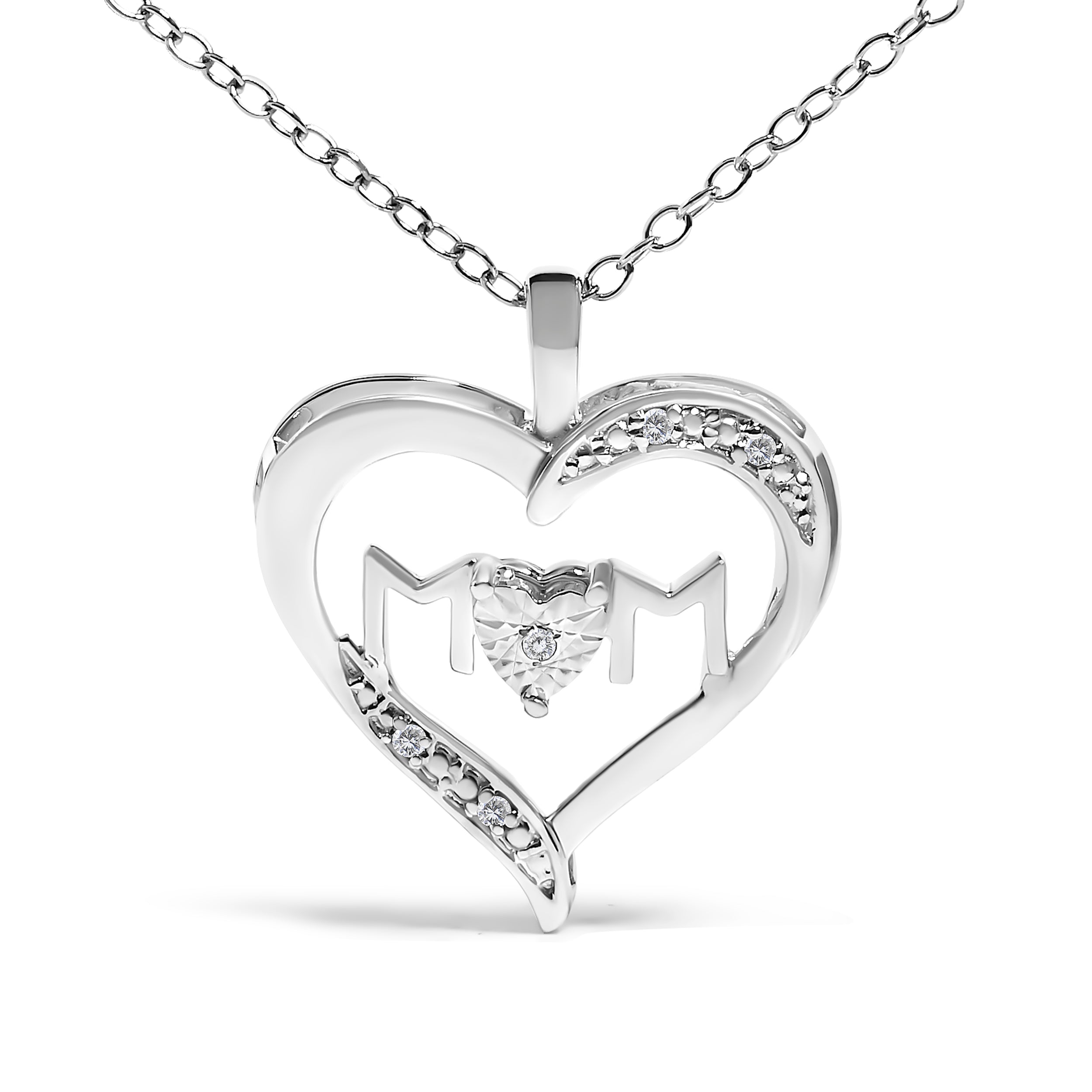 .925 Sterling Silver Diamond Accent MOM with Heart Pendant Necklace (J-K Color, I2-I3 Clarity) - 18" Inches  DestGlow
