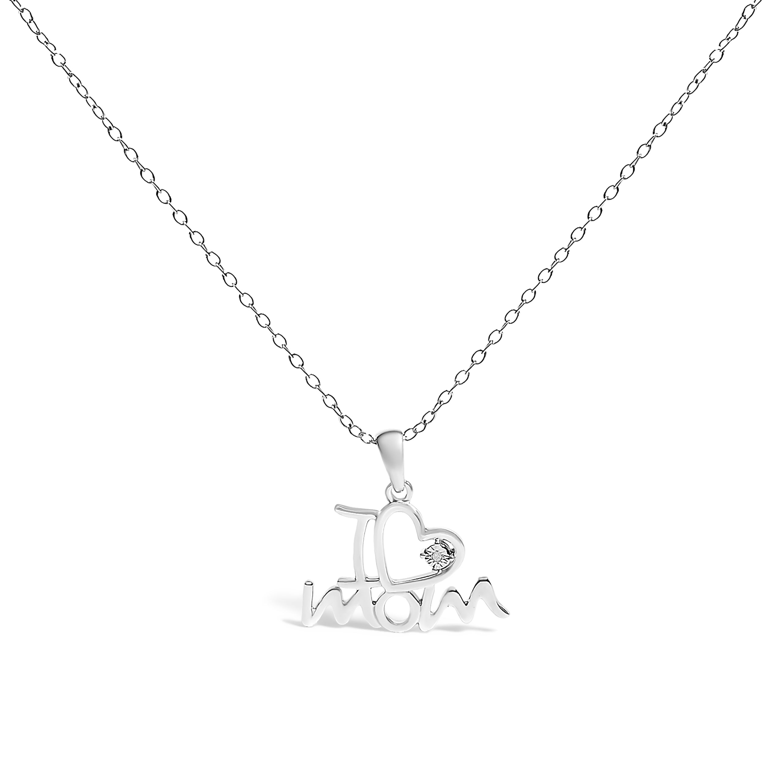 .925 Sterling Silver Diamond Accent "I Love Mom" Heart Pendant Necklace (J-K Color, I2-I3 Clarity) - 18" Inches  DestGlow