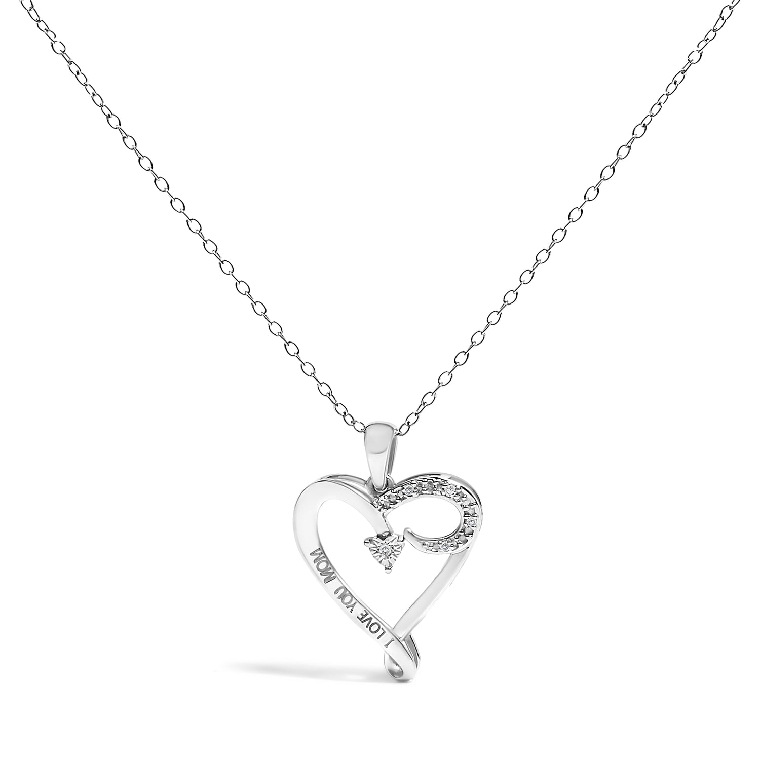 .925 Sterling Silver Diamond Accent "I LOVE YOU MOM" Heart Pendant Necklace (J-K Color, I2-I3 Clarity) - 18" Inches  DestGlow