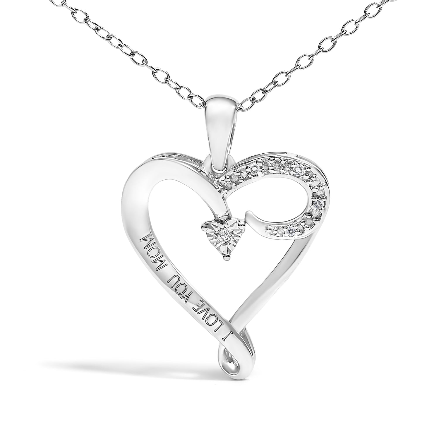 .925 Sterling Silver Diamond Accent "I LOVE YOU MOM" Heart Pendant Necklace (J-K Color, I2-I3 Clarity) - 18" Inches  DestGlow