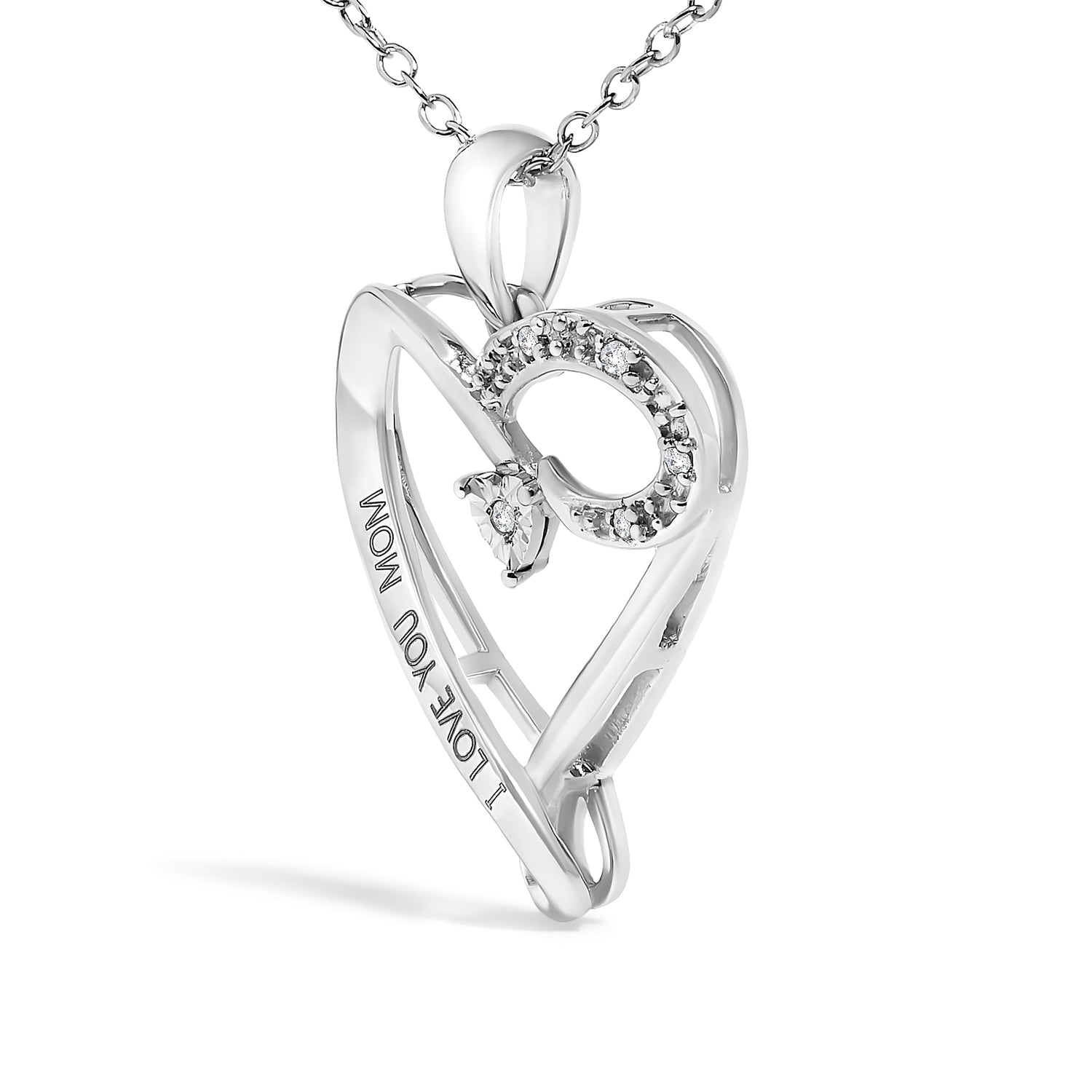 .925 Sterling Silver Diamond Accent "I LOVE YOU MOM" Heart Pendant Necklace (J-K Color, I2-I3 Clarity) - 18" Inches  DestGlow