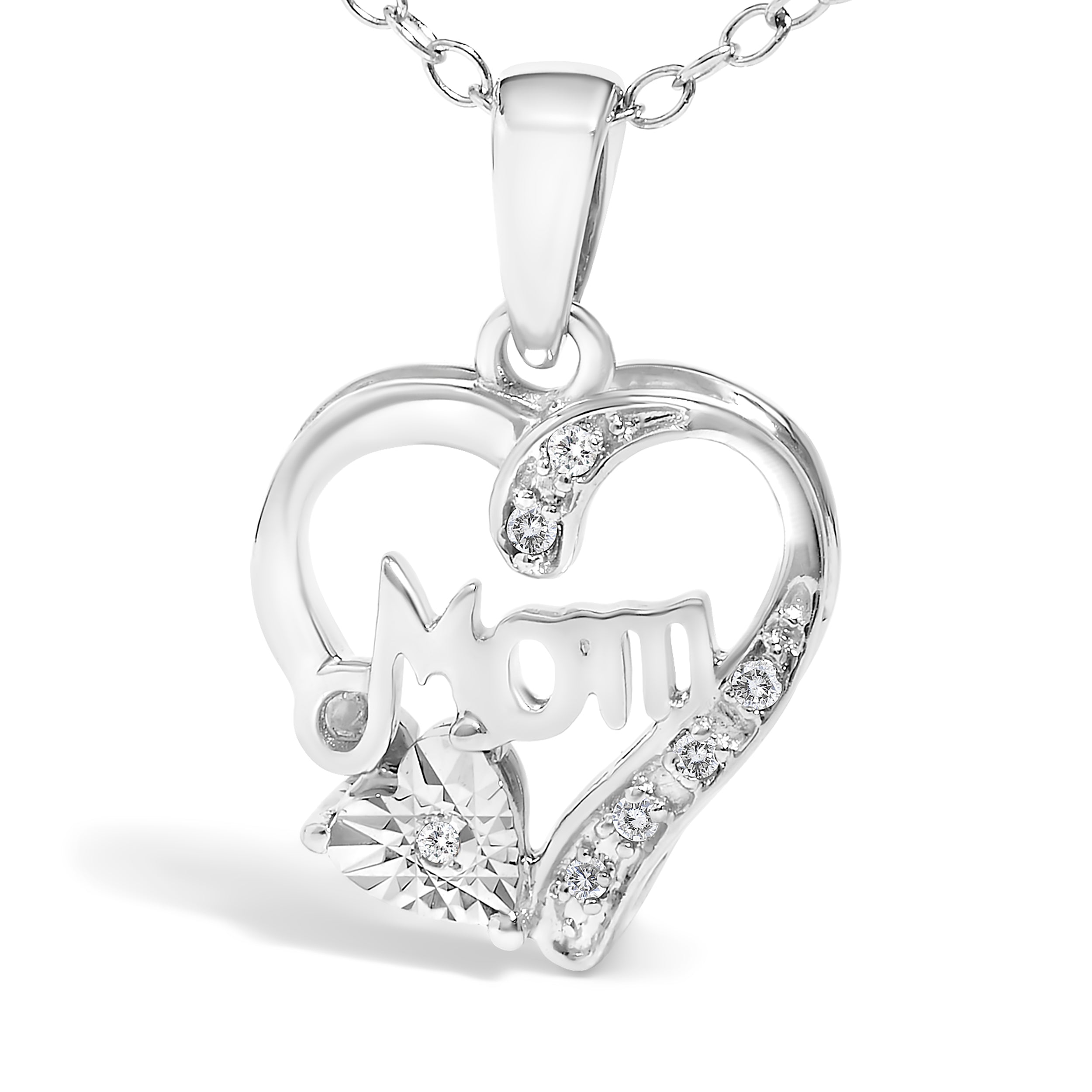 .925 Sterling Silver Diamond Accent Mom with Heart Pendant Necklace (J-K Color, I2-I3 Clarity) - 18" Inches  DestGlow
