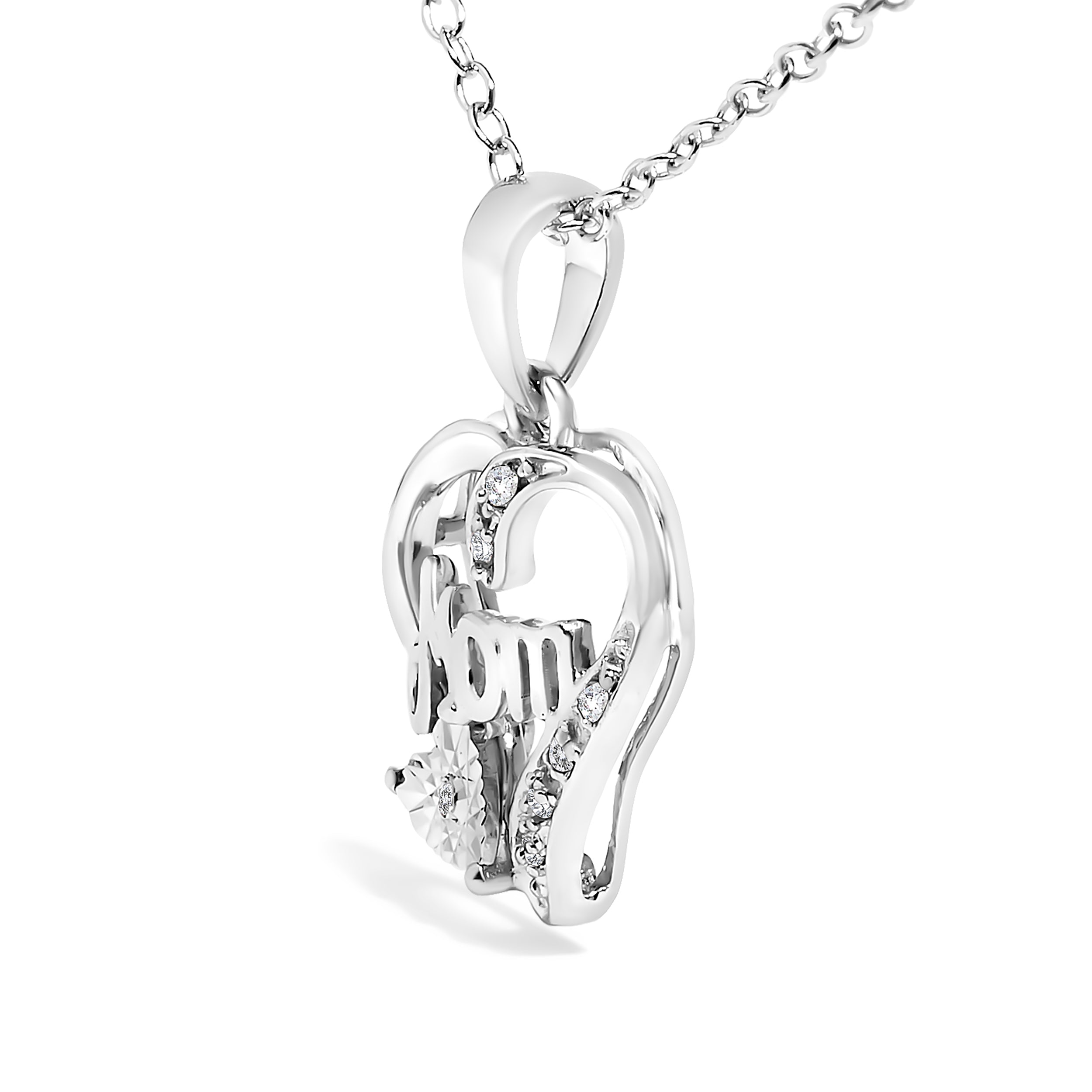 .925 Sterling Silver Diamond Accent Mom with Heart Pendant Necklace (J-K Color, I2-I3 Clarity) - 18" Inches  DestGlow