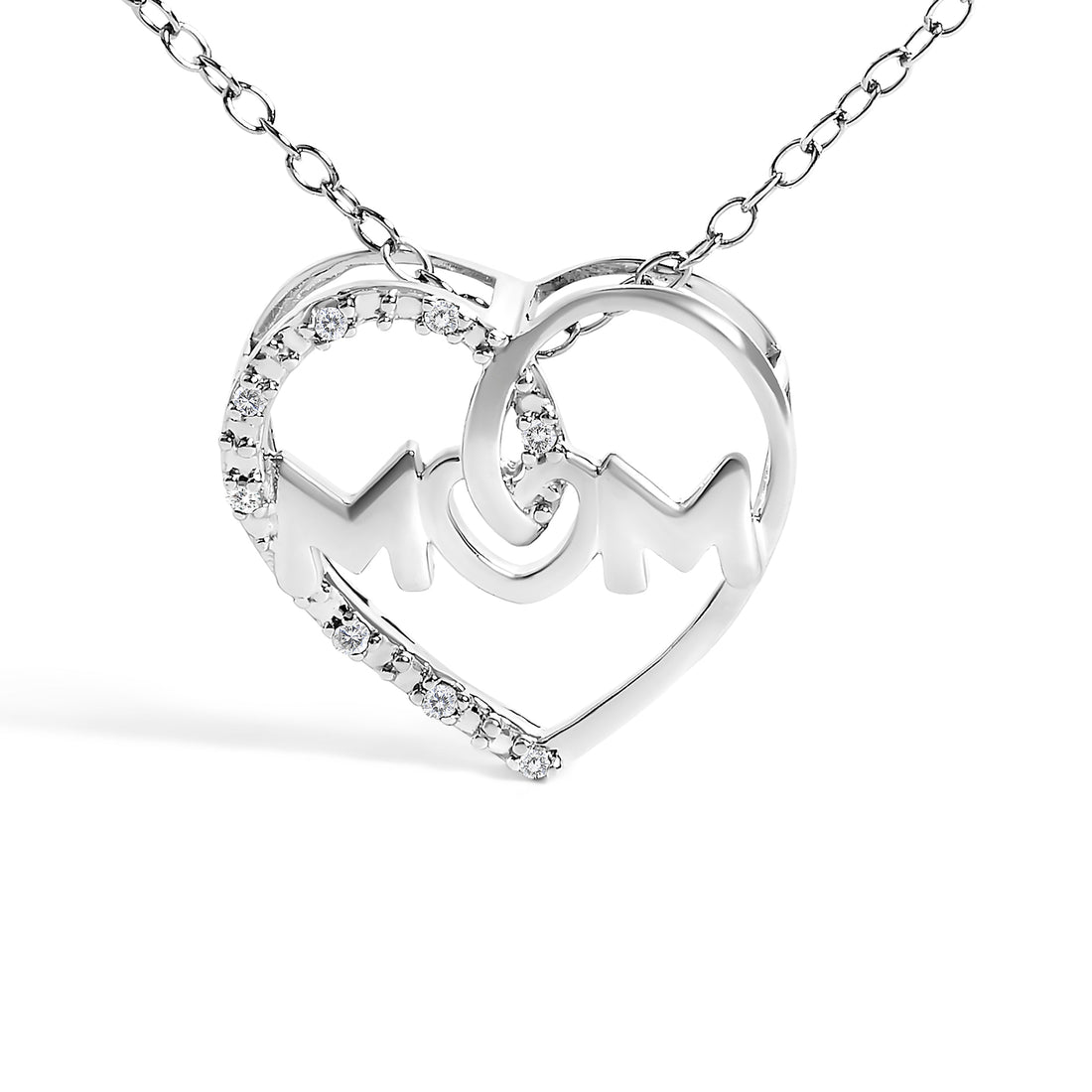 .925 Sterling Silver Diamond Accent MOM Heart Pendant Necklace (J-K Color, I2-I3 Clarity) - 18" Inches  DestGlow