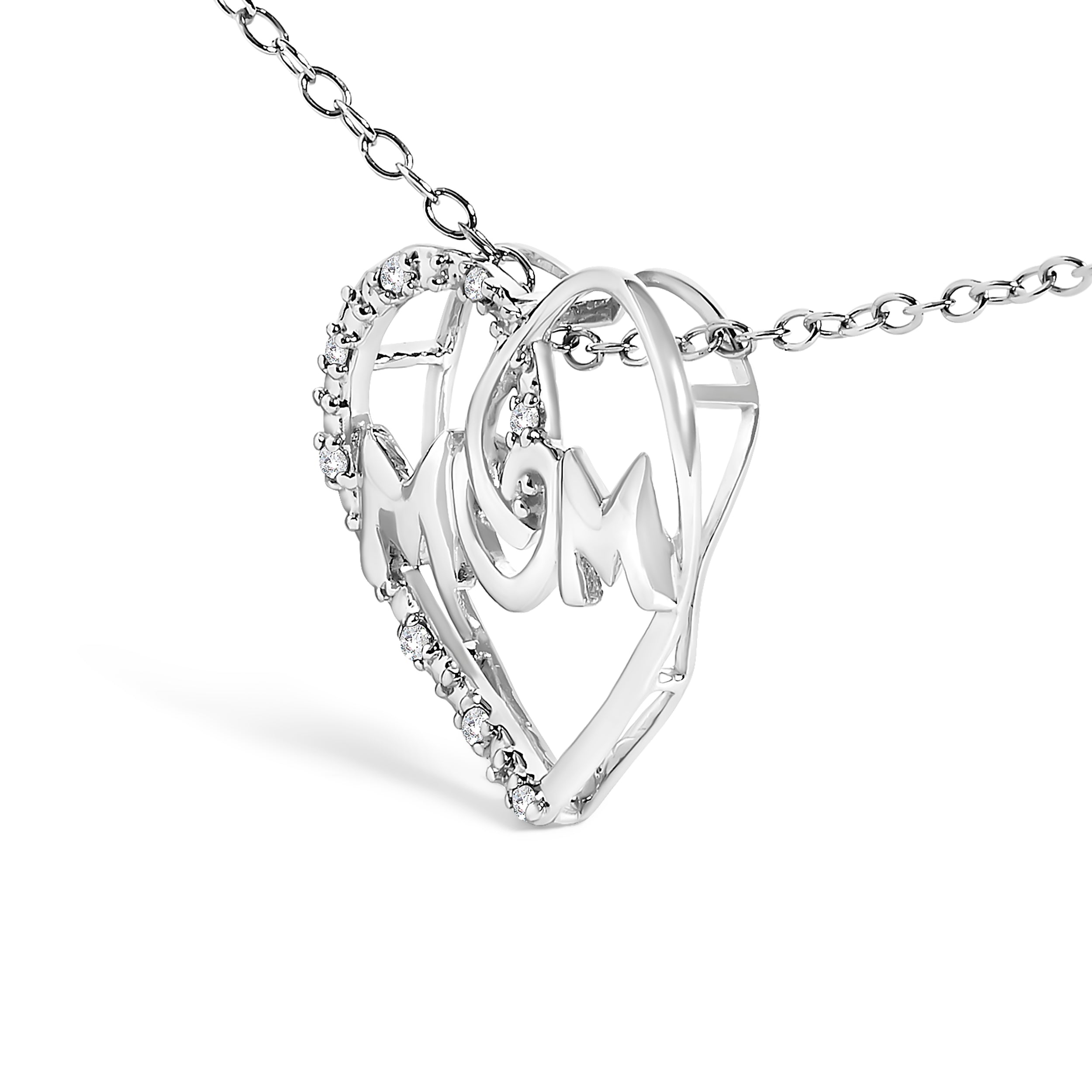 .925 Sterling Silver Diamond Accent MOM Heart Pendant Necklace (J-K Color, I2-I3 Clarity) - 18" Inches  DestGlow