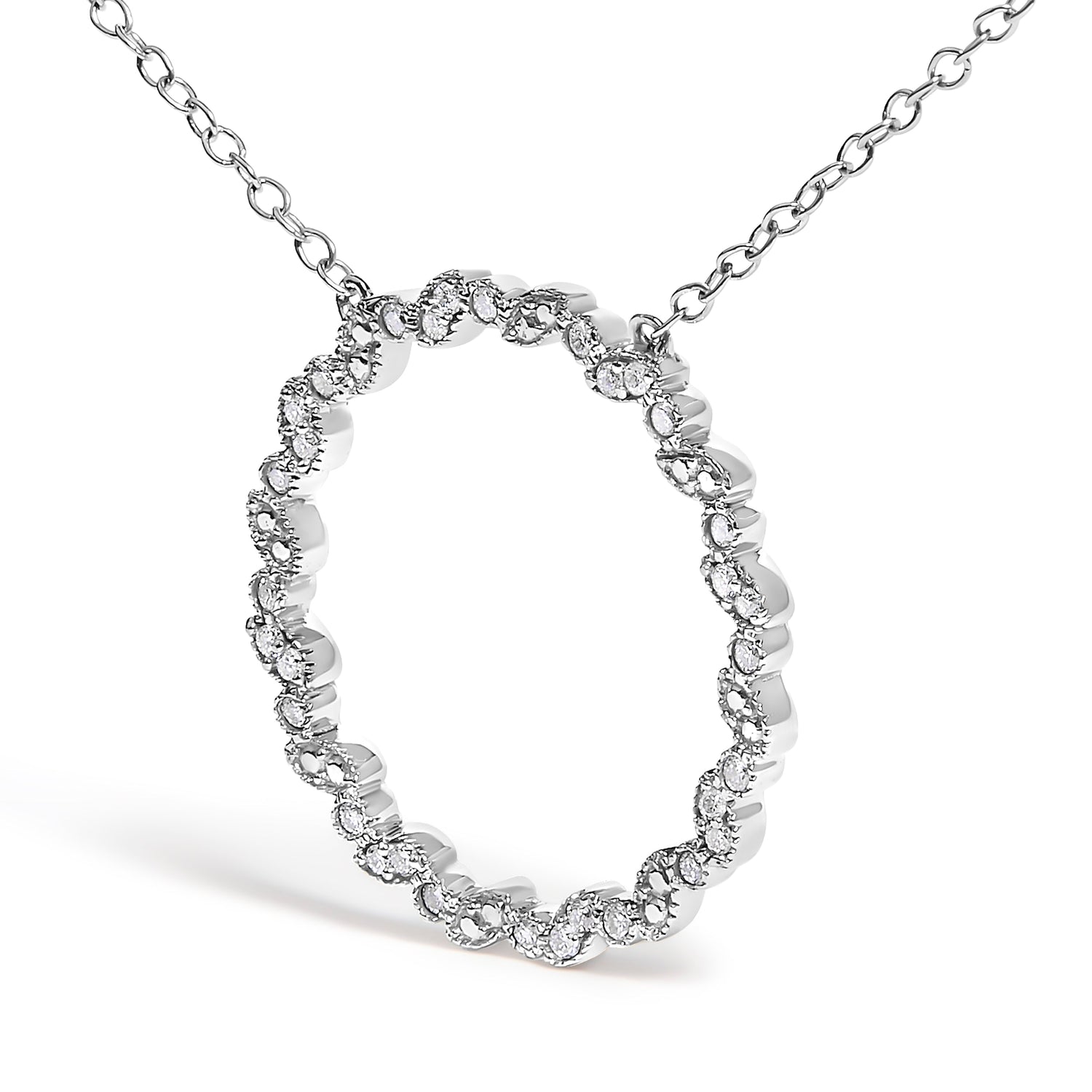 .925 Sterling Silver 1/7 Cttw Lab Grown Diamond Beaded Love Circle Pendant Necklace - Size 18 Inches by Bids.com