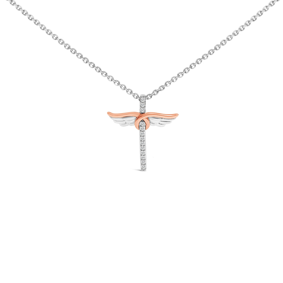 14K Rose Gold Plated Sterling Silver 1/5 Cttw Diamond Wing Cross Pendant Necklace  DestGlow