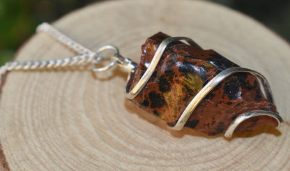 Mahogany Obsidian Raw Gemstone Pendant, Wire Wrapped Crystal Stone Pendant