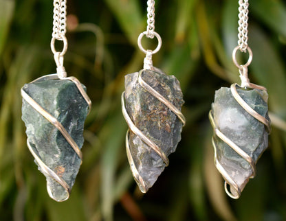Moss Agate Raw Gemstone Pendant, Wire Wrapped Crystal Stone Pendant  DestGlow