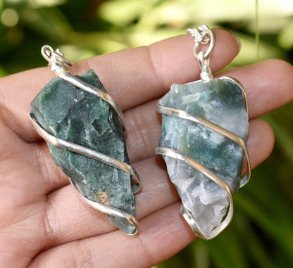 Moss Agate Raw Gemstone Pendant, Wire Wrapped Crystal Stone Pendant  DestGlow