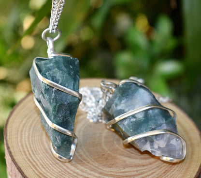 Moss Agate Raw Gemstone Pendant, Wire Wrapped Crystal Stone Pendant  DestGlow