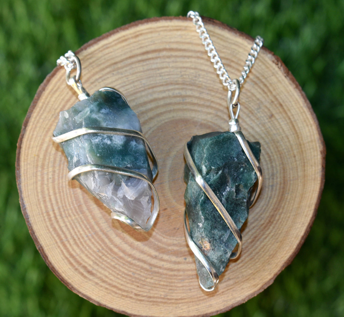Moss Agate Raw Gemstone Pendant, Wire Wrapped Crystal Stone Pendant  DestGlow
