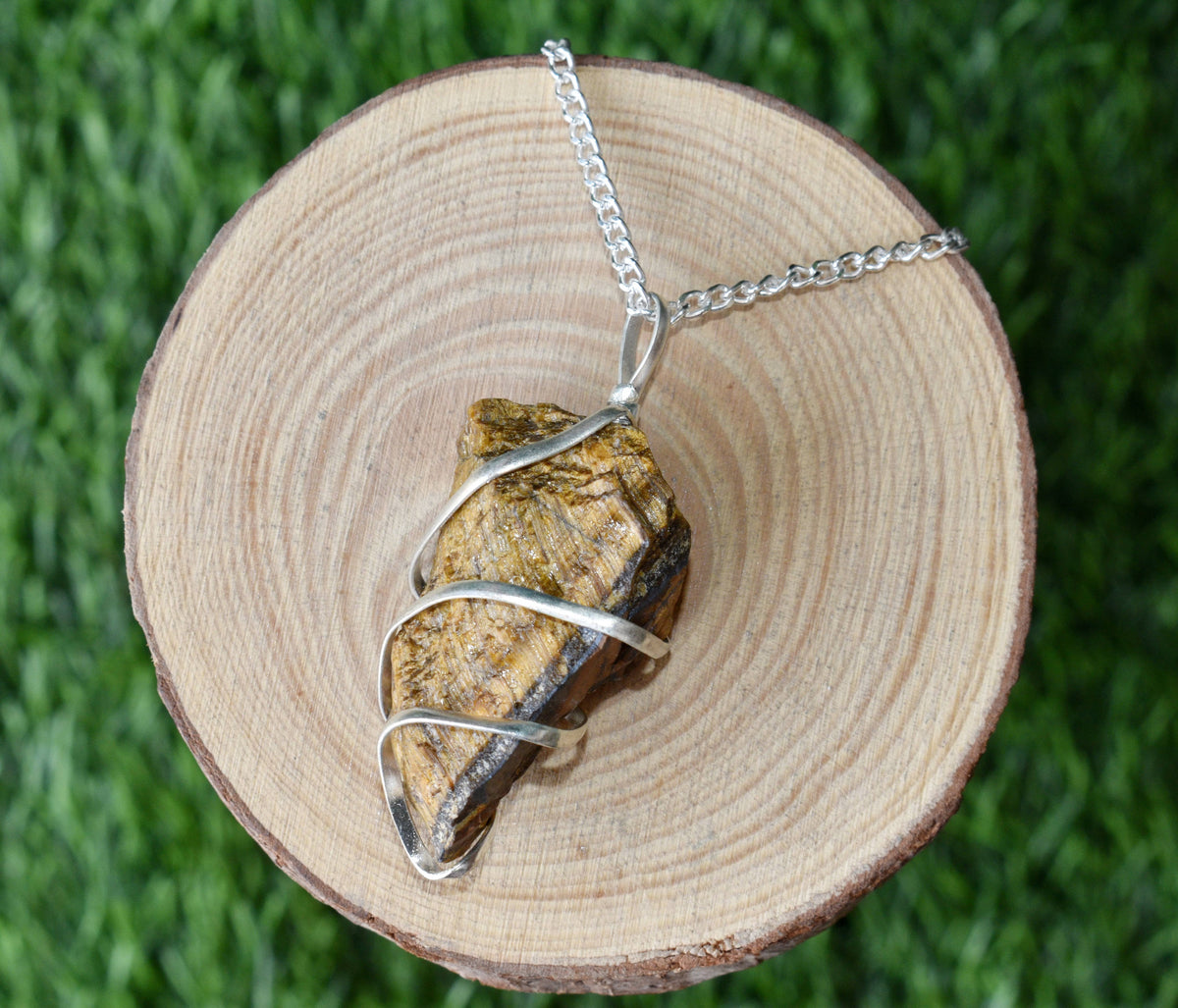Tiger Eye Raw Gemstone Pendant, Wire Wrapped Crystal Stone Pendant