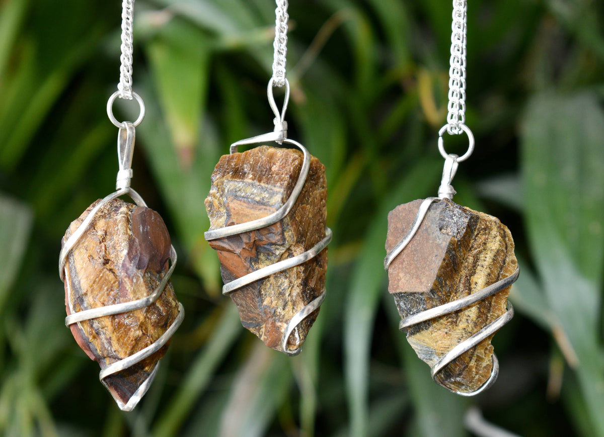 Tiger Eye Raw Gemstone Pendant, Wire Wrapped Crystal Stone Pendant
