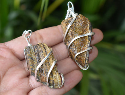 Tiger Eye Raw Gemstone Pendant, Wire Wrapped Crystal Stone Pendant