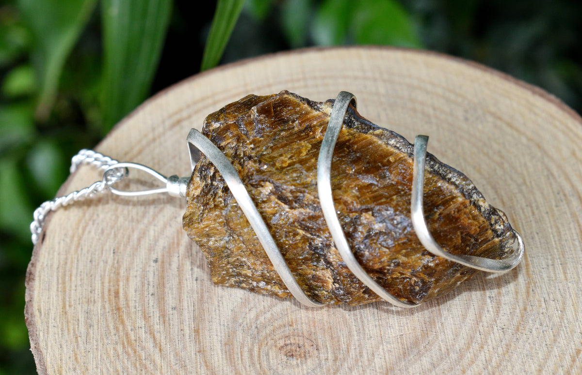 Tiger Eye Raw Gemstone Pendant, Wire Wrapped Crystal Stone Pendant
