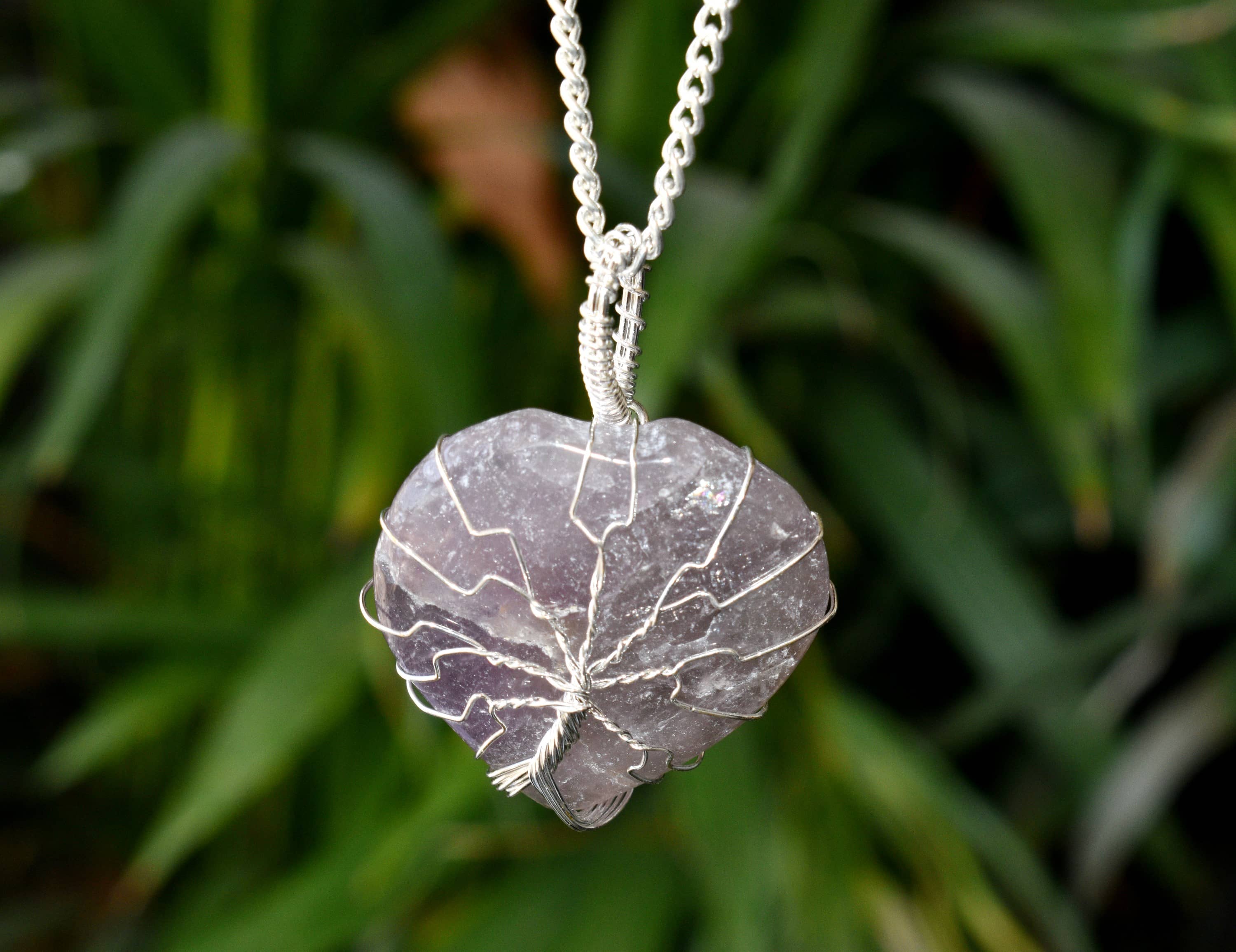 Amethyst Heart Silver Wire Wrapped Pendant, Crystal Heart Silver Wrapped Pendant  DestGlow