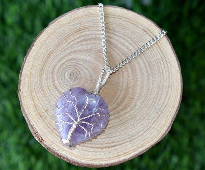 Amethyst Heart Silver Wire Wrapped Pendant, Crystal Heart Silver Wrapped Pendant  DestGlow