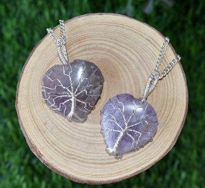 Amethyst Heart Silver Wire Wrapped Pendant, Crystal Heart Silver Wrapped Pendant  DestGlow