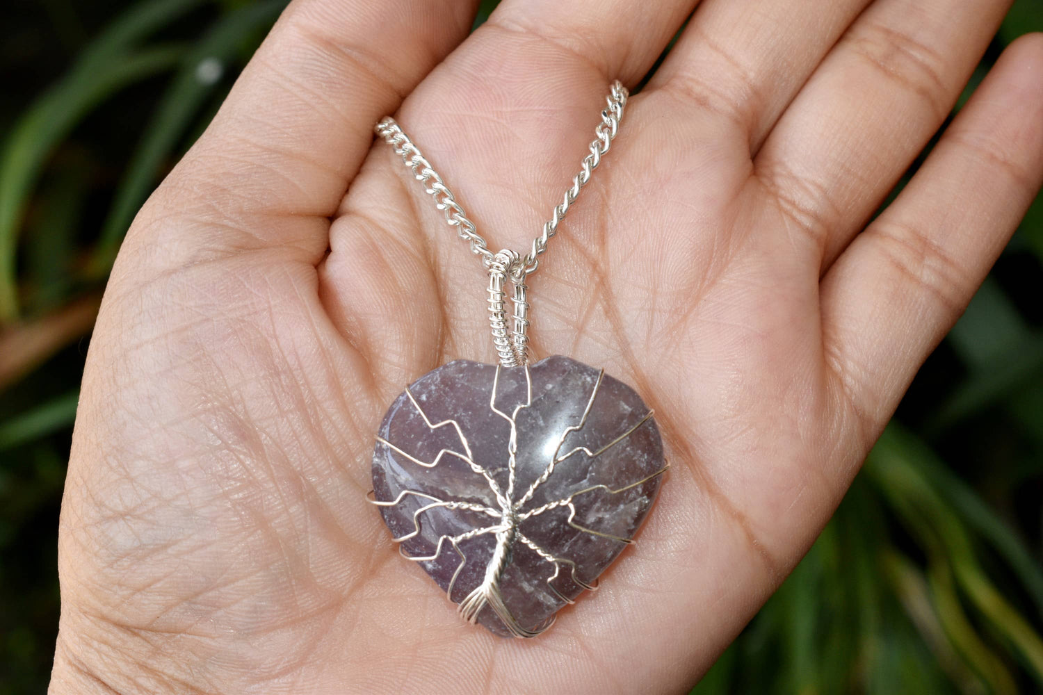 Amethyst Heart Silver Wire Wrapped Pendant, Crystal Heart Silver Wrapped Pendant  DestGlow