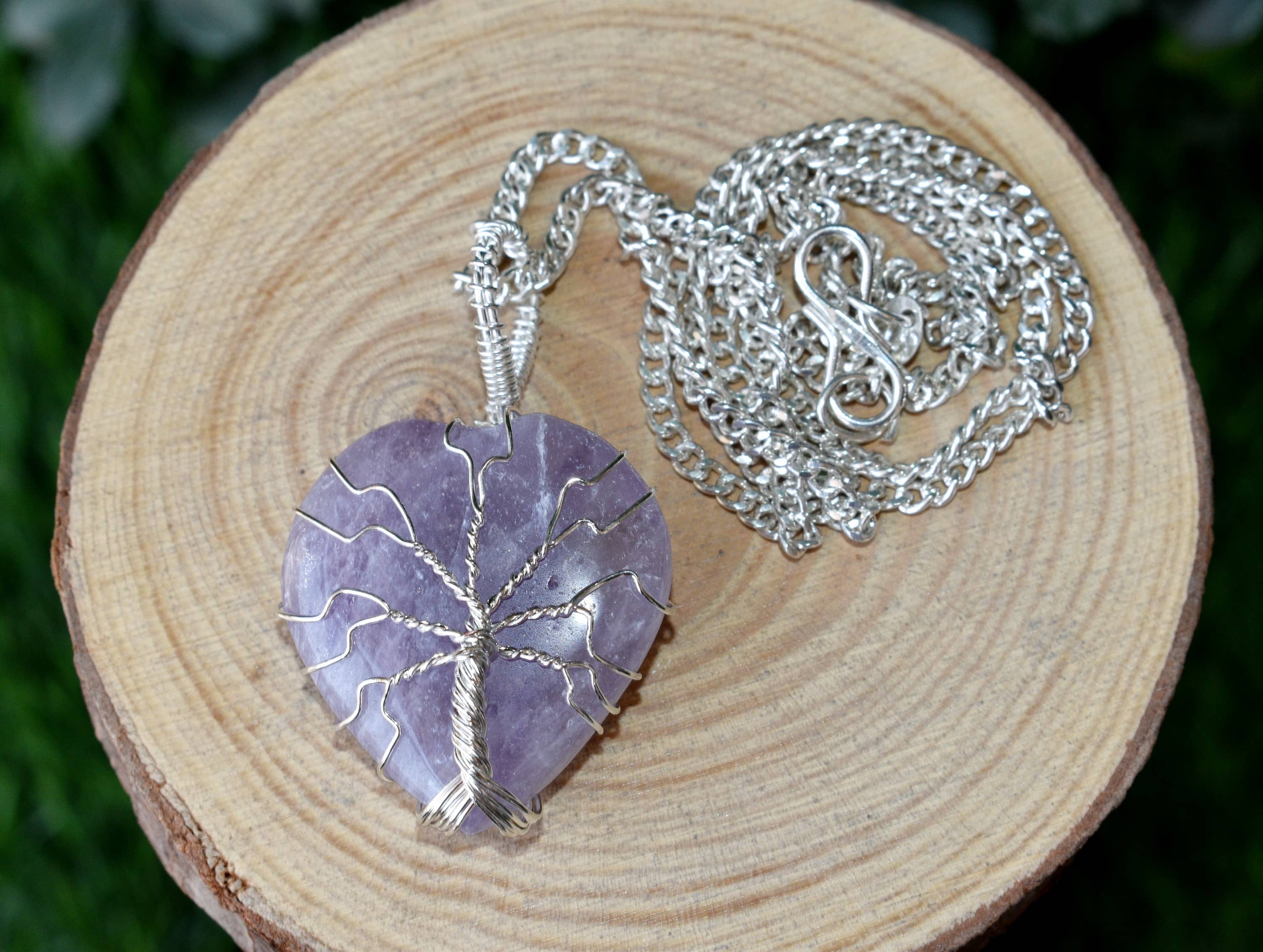 Amethyst Heart Silver Wire Wrapped Pendant, Crystal Heart Silver Wrapped Pendant  DestGlow