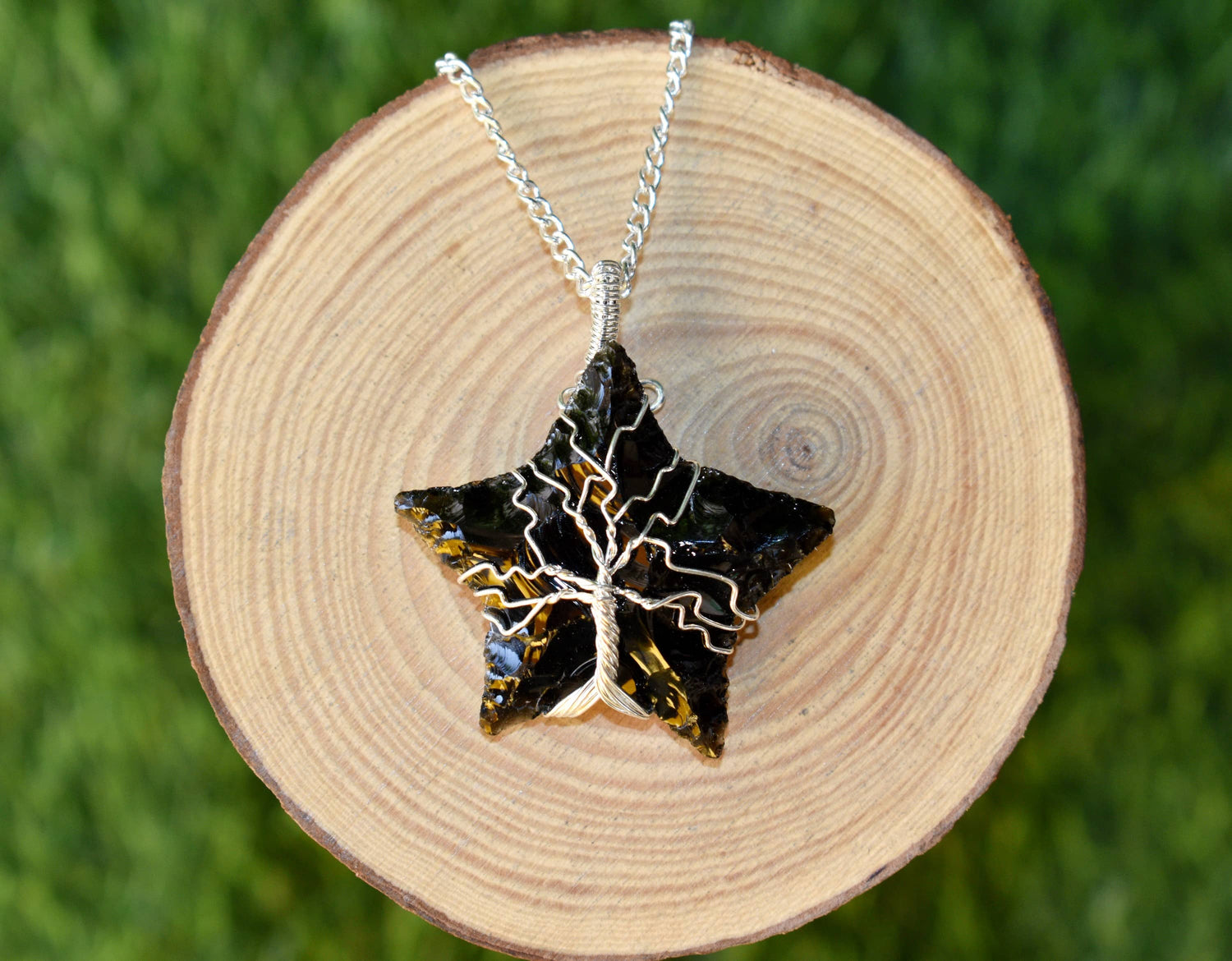Black Obsidian Star Wire Wrapped Pendants, Silver Necklace with Chain  DestGlow