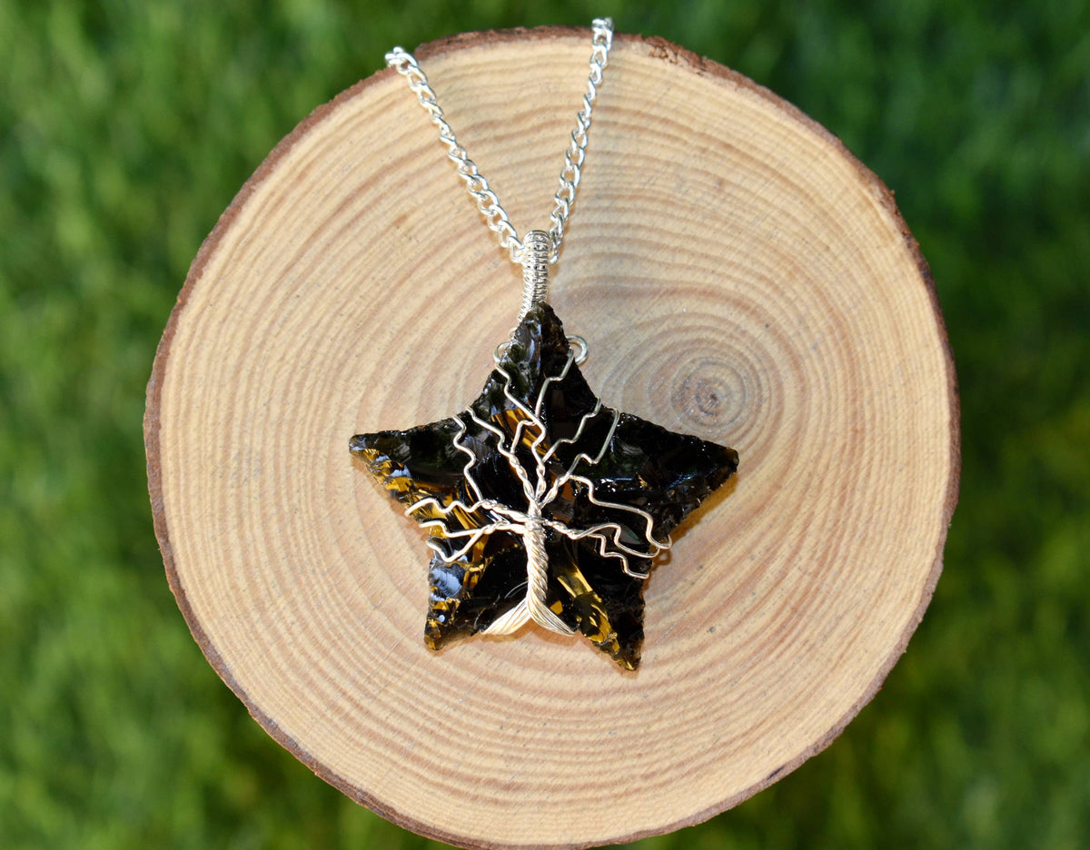 Black Obsidian Star Wire Wrapped Pendants, Silver Necklace with Chain  DestGlow