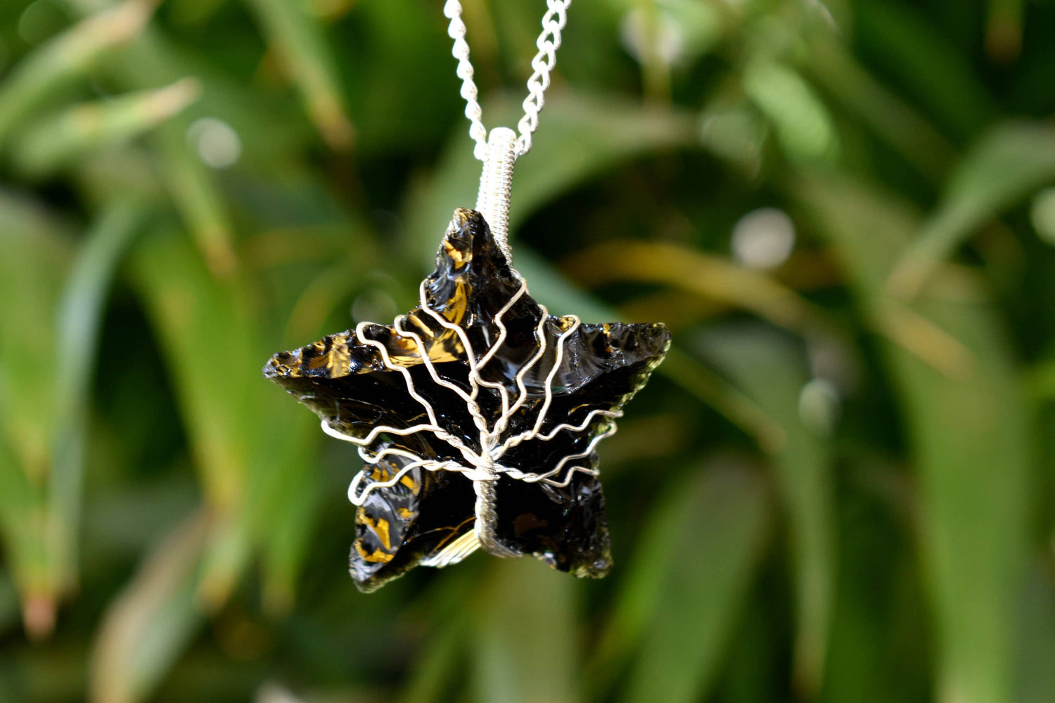 Black Obsidian Star Wire Wrapped Pendants, Silver Necklace with Chain  DestGlow