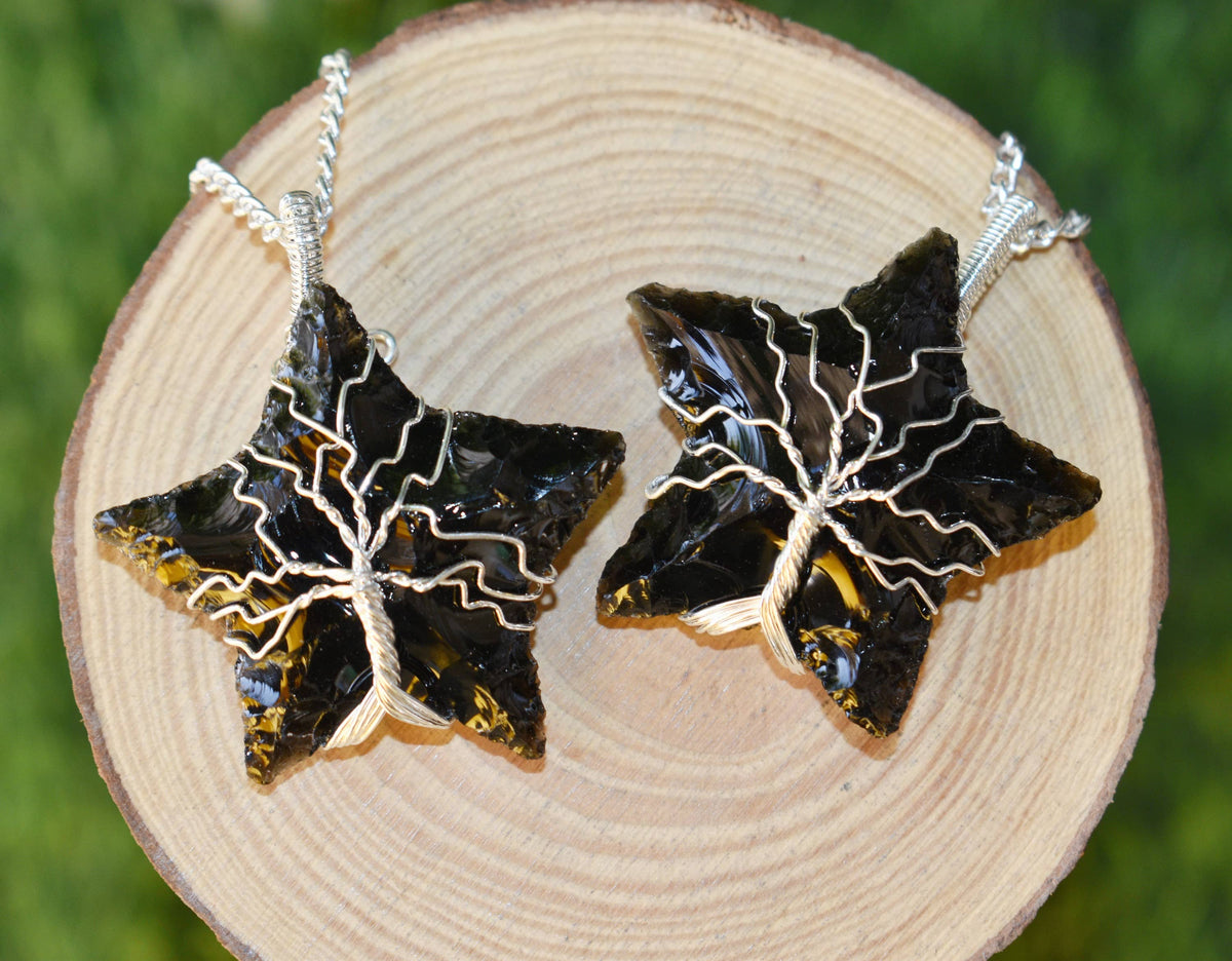 Black Obsidian Star Wire Wrapped Pendants, Silver Necklace with Chain  DestGlow